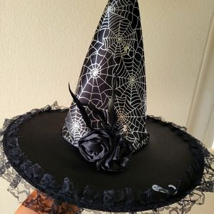 Halloween Witch Hat w/ Roses & Feather & Spiderweb Design
